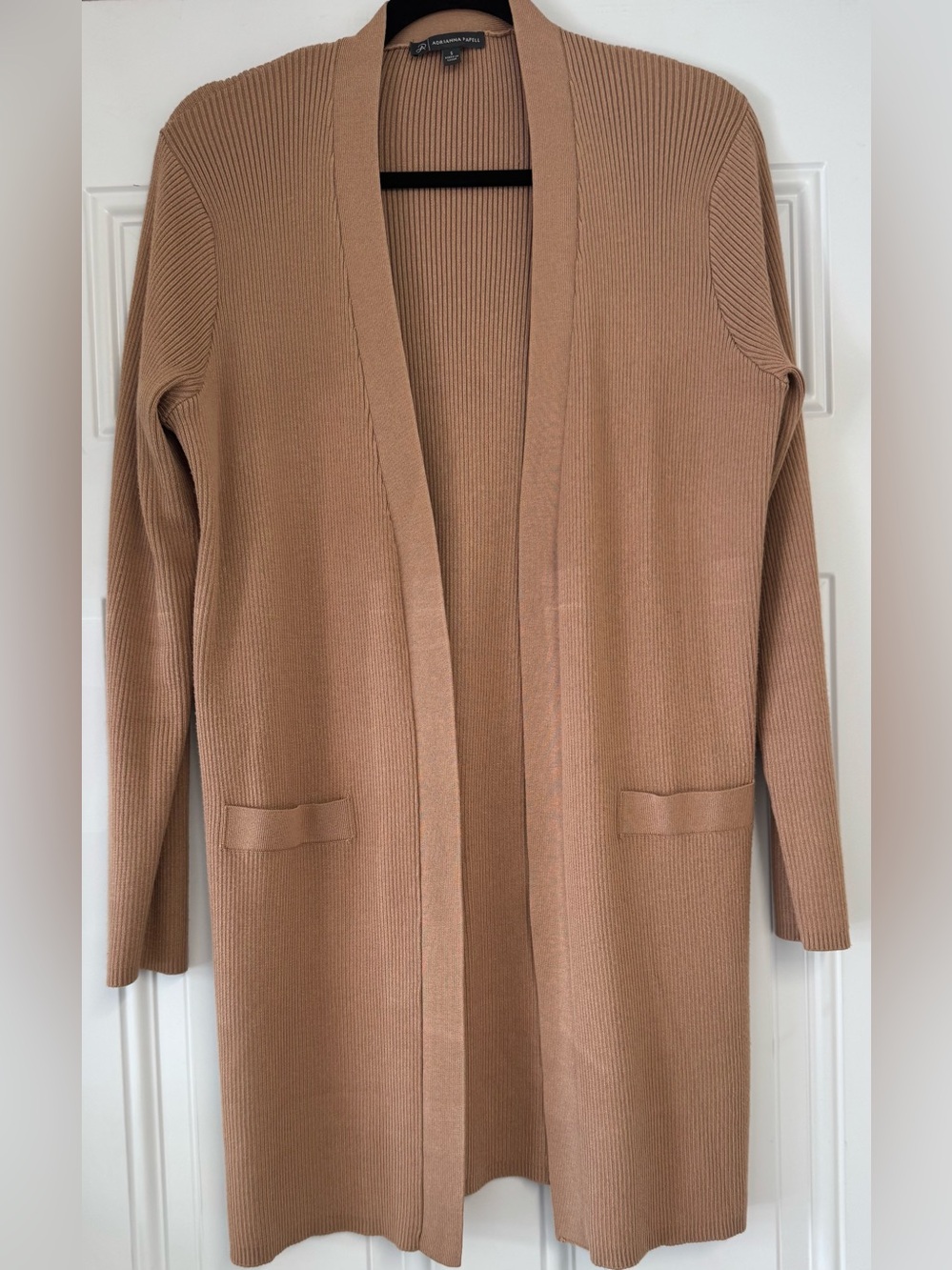 Adrianna Papell Long Open-Front Ribbed Cardigan Tan